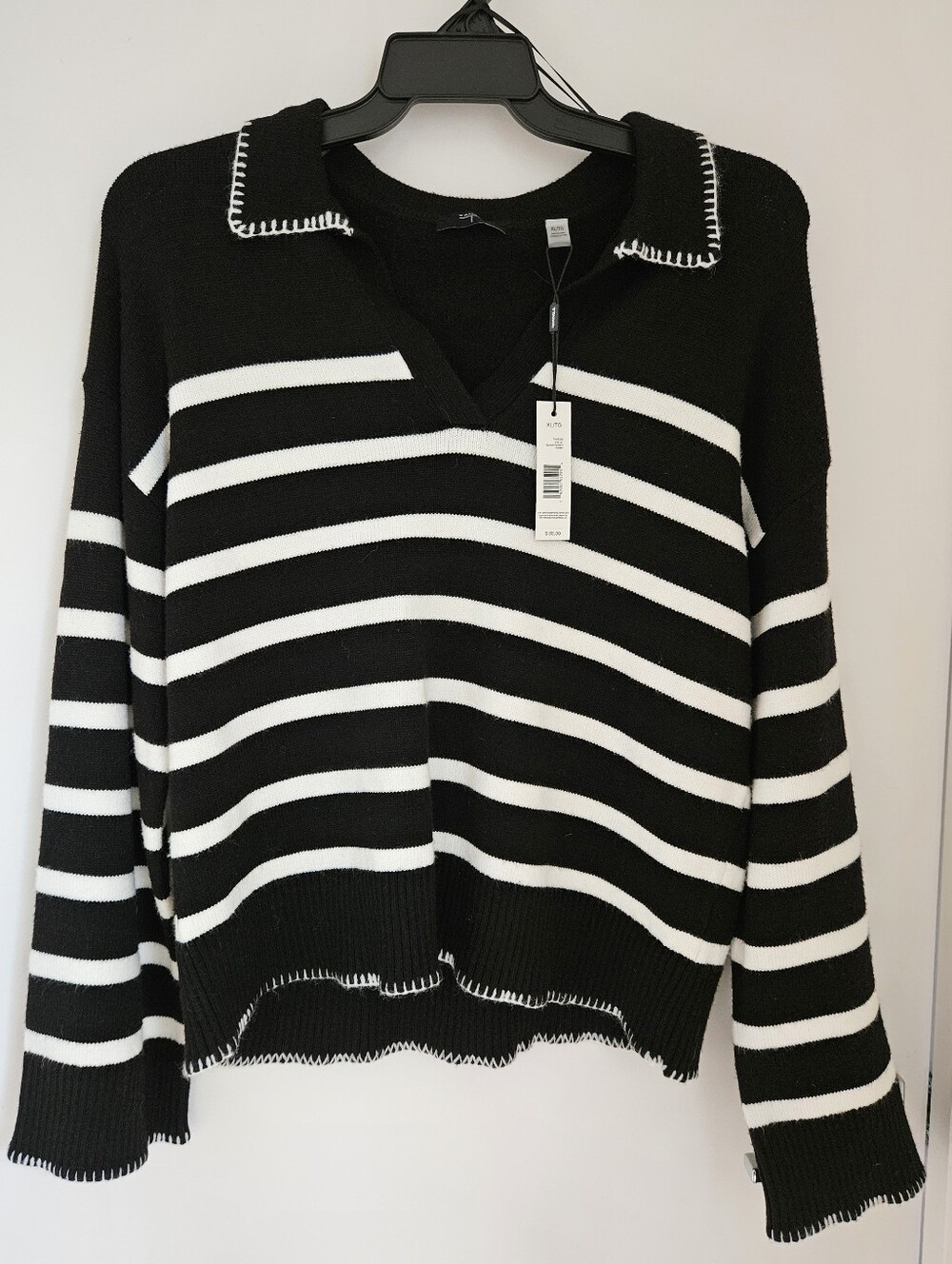 Tahari Women's Size XL Striped Open Polo Collar Knit Sweater Black Ivory NWT